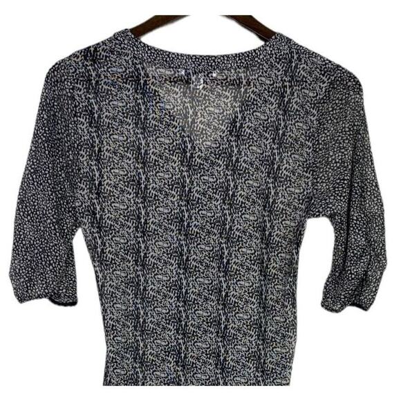 CAbi Leopard Sheer Gathered Placket Ruched Blouse Half Sleeve M Black White - Picture 9 of 15